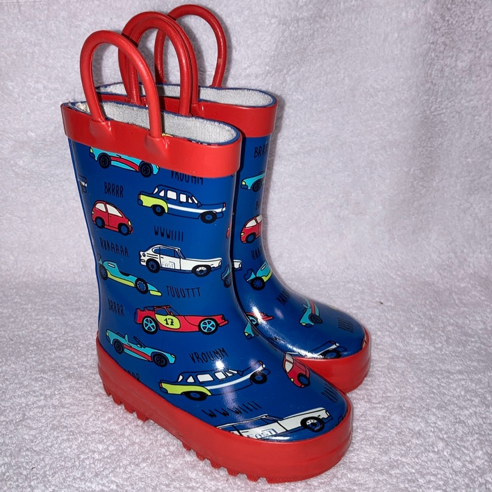 K KomForme Kids Rain Boots Waterproof race car pull up handles size 5
